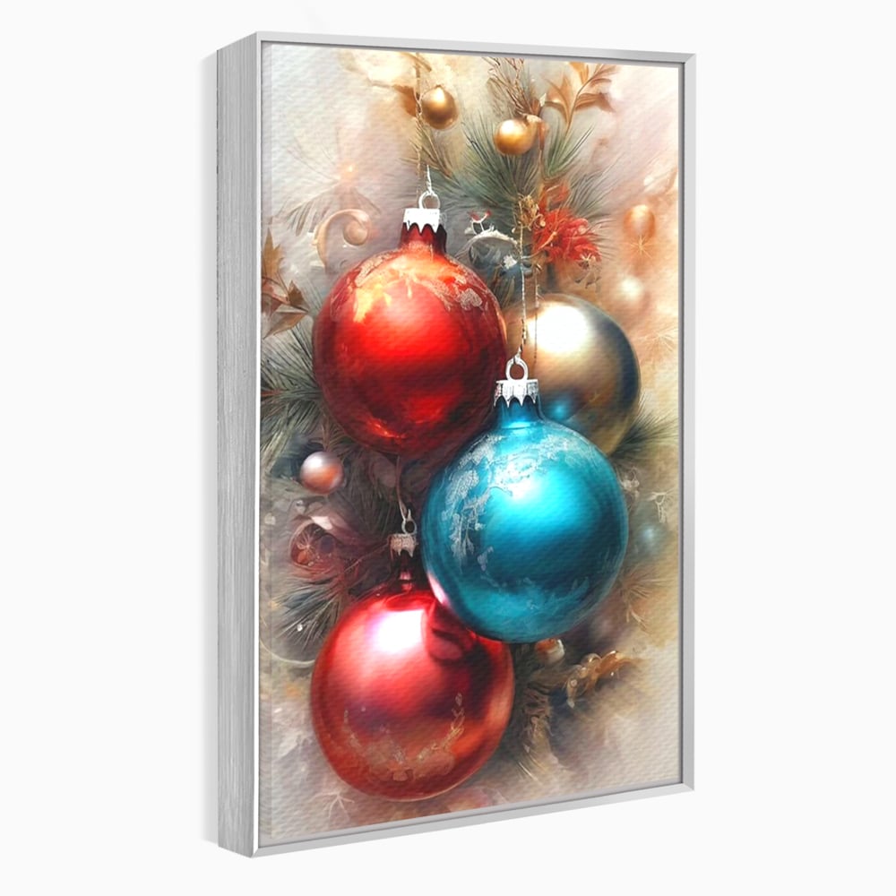 Tablou canvas cu tablou canvas cu globuri de craciun, in rama de aluminiu argintiu
